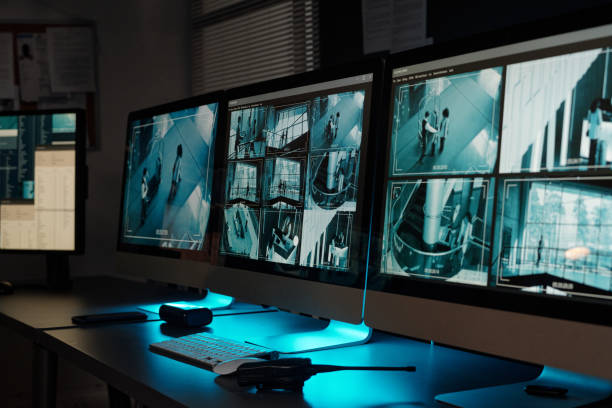 A photo of installed CCTV surveillance montoring screens